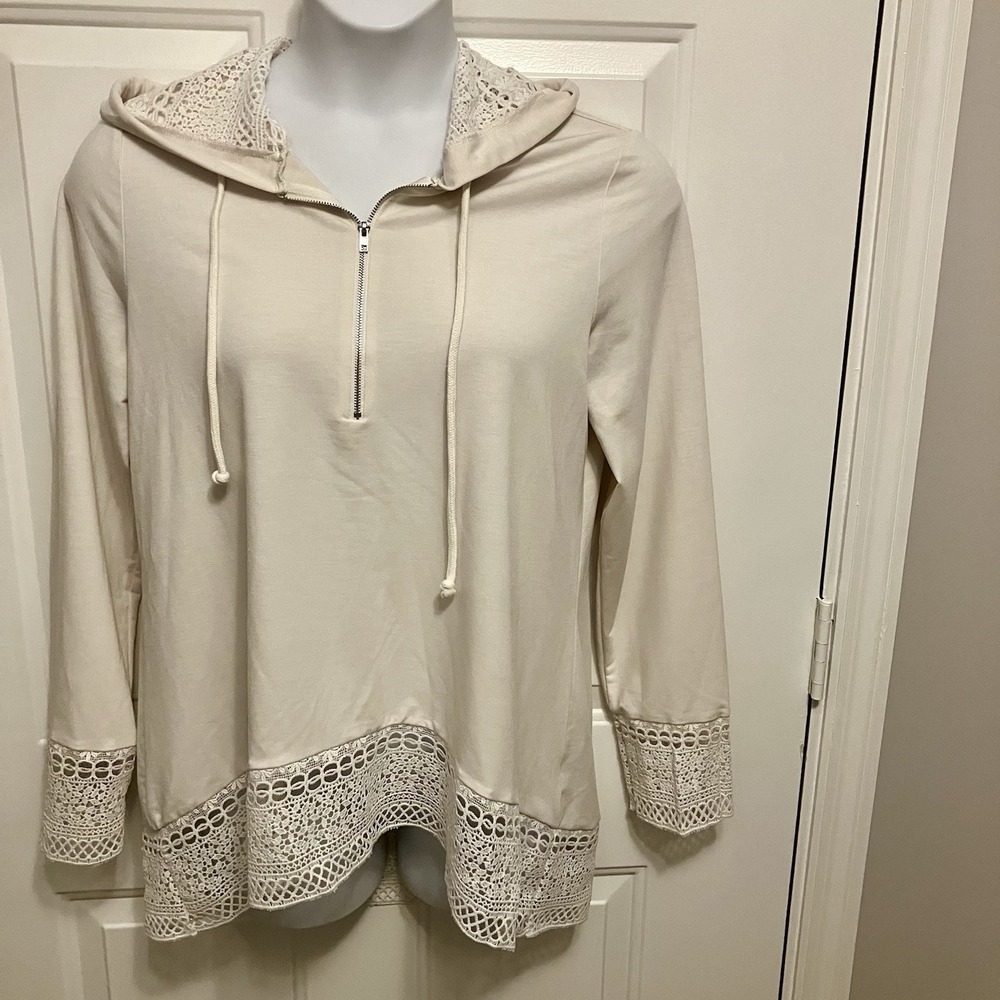 Venus Sz Large Ivory Off White Embroidered Hooded Swimsuit Cover Up Top 1/4‎ Zip